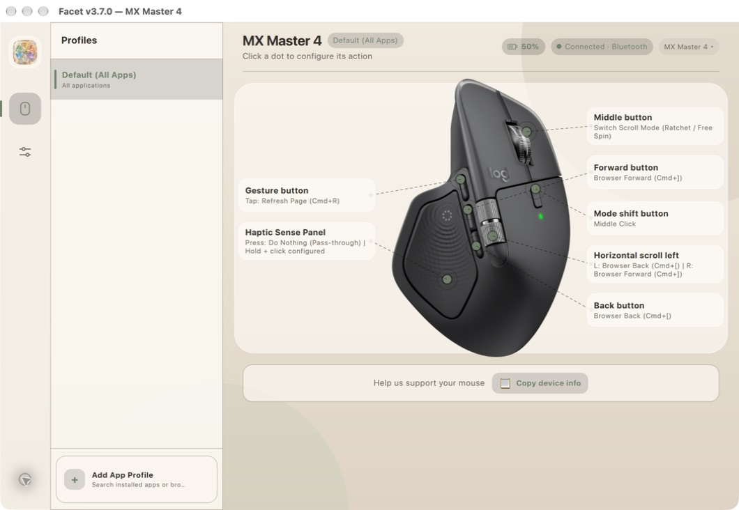 Facet showing a visual map of the configurable controls on an MX Master 4